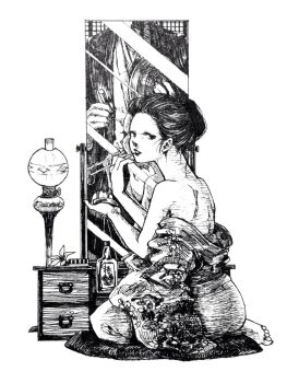 1girl 1other ameishi applying_makeup ballpoint_pen_(medium) bare_shoulders barefoot bottle commentary_request cushion different_reflection drawer flower full_body greyscale hair_bun hibiscus holding holding_brush holding_makeup_brush japanese_clothes kimono lipstick looking_at_viewer makeup makeup_brush monochrome original pen_(medium) reflection seiza single_hair_bun sitting solo_focus traditional_media