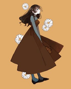 Rule 34 | 1girl, black hair, blue sweater, brown dress, closed mouth, dress, flower, from side, full body, highres, long hair, looking up, original, smile, solo, standing, sweater, turtleneck, turtleneck sweater, wavy hair, white flower, yasu urayaka, yellow background
