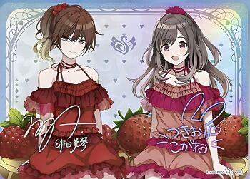 2girls aketa_mikoto blonde_hair breasts cleavage dress food fruit grey_eyes heart highres idolmaster idolmaster_shiny_colors japanese_text multicolored_hair multiple_girls official_art open_mouth ponytail red_dress red_eyes red_hair strawberry tsukioka_kogane