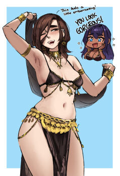 +_+ 2girls arabian_clothes aria_(roresu) armlet armpits bikini black_bikini black_hair bracelet breasts commentary dancer earrings english_text gold_armlet gold_bracelet harem_outfit highres jewelry large_breasts loincloth midriff mole mole_under_eye multiple_girls navel open_mouth original piercing roresu skirt small_breasts stomach swimsuit symbol-only_commentary teeth