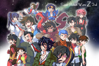 1girl 6+boys :o akagi_shunsuke blue_hair bodysuit breasts brown_hair character_request chikyuu_boei_kigyou_dai-guard chirico_cuvie cleavage clenched_hand coat code_geass commentary_request copyright_request crossed_arms crow_broust dancouga_(series) eureka_seven_(series) everyone goggles green_coat green_shirt gundam gundam_wing hat hoverboard jin_kappei juusou_kikou_dancouga_nova kabuto_kouji lelouch_vi_britannia macross macross_frontier mazinger_(series) mazinger_z multiple_boys muteki_choujin_zambot_3 muteki_robo_trider_g7 nagare_ryoma namako_nowata necktie red_bodysuit red_necktie red_scarf renton_thurston scarf shirt simon_(ttgl) soukou_kihei_votoms space star_(sky) super_robot_wars super_robot_wars_z super_robot_wars_z2 symbol-shaped_pupils takeo_watta tengen_toppa_gurren_lagann trowa_barton unworn_hat unworn_headwear yellow_shirt