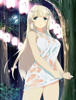 1girl :o aqua_eyes bare_shoulders blonde_hair blush breasts bush collarbone dress forest full_moon green_hair_ornament hair_ornament hairclip japanese_clothes kimono lantern large_breasts long_hair moon nature night official_art open_mouth paper_lantern rain see-through_clothes see-through_dress senran_kagura senran_kagura_new_wave senran_kagura_shoujo-tachi_no_shin'ei shiny_skin short_kimono sleeveless sleeveless_kimono solo tree wet wet_clothes wet_dress white_dress white_kimono wringing_clothes wringing_dress yomi_(senran_kagura)
