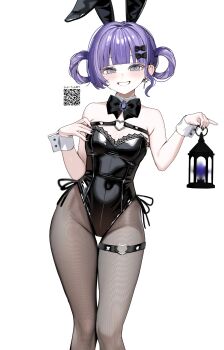Rule 34 | 1girl, absurdres, akadajohnson02, animal ears, bare shoulders, black bow, black bowtie, black leotard, black nails, black pantyhose, black ribbon, blunt bangs, bow, bowtie, breasts, chest strap, commentary request, covered navel, cowboy shot, cross, cross earrings, detached collar, earrings, fake animal ears, gem, hair bow, hair rings, hands up, heart, heart o-ring, highres, holding, holding lantern, jewelry, lantern, leotard, mole, mole under eye, o-ring, o-ring thigh strap, original, pantyhose, playboy bunny, purple eyes, purple gem, purple hair, qr code, rabbit ears, ribbon, sidelocks, simple background, small breasts, smile, solo, teeth, thigh strap, white background, white wrist cuffs, wrist cuffs