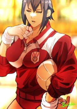 Rule 34 | 1girl, ayuhara natsu, ball, breasts, burning isaka, buruma, capcom, cowboy shot, highres, holding, holding ball, jacket, justice gakuen, large breasts, red buruma, red jacket, short hair, solo, sunset, sweatdrop, volleyball, volleyball (object), wristband, zipper