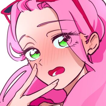 1girl alien_stage blush commentary commission english_commentary eyewear_on_head green_eyes hand_on_own_face highres long_hair mirdilean mizi_(alien_stage) official_alternate_costume open_mouth pink_hair ponytail portrait solo sunglasses
