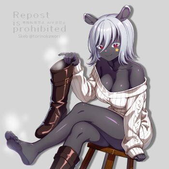 1girl animal_ears barefoot black_skin boots colored_skin crossed_legs feet highres looking_at_viewer medium_hair off_shoulder original red_eyes shoes smile soles steam stool sweater toes torinokawori unworn_boots unworn_shoes white_hair