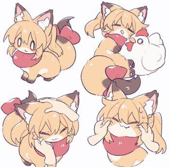 0_0 1other :3 animal animal_ear_fluff animal_focus bird bow cheek_pull chicken closed_eyes closed_mouth disembodied_hand fox headpat multiple_views open_mouth original red_bow simple_background suzuno_(suzuno3110) tail tail_bow tail_ornament white_background