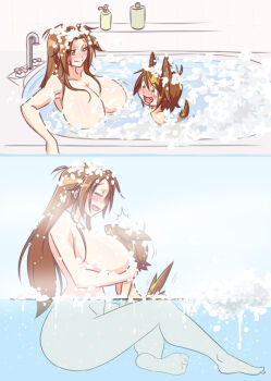 1boy 1girl ass bath bathtub between_breasts blush breasts bubble closed_eyes completely_nude dog_boy graph_(graphiteknight) happy head_between_breasts hetero hug huge_breasts in_water looking_at_breasts matt_(ego_trigger) mattie_(ego_trigger) nude original shiny_skin shota size_difference smile