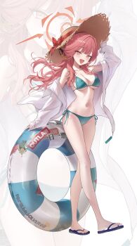 1girl :d absurdres aru_(blue_archive) bare_shoulders bikini blue_archive blue_bikini blush breasts cleavage collarbone commentary demon_horns feet flip-flops full_body halo hand_on_headwear hat highres horns jacket large_breasts long_hair long_sleeves looking_at_viewer navel off_shoulder okkimon open_mouth orange_halo pink_hair sandals see-through_clothes see-through_jacket side-tie_bikini_bottom simple_background smile solo standing stomach sun_hat swim_ring swimsuit thighs toes triangle_mouth untranslatable_commentary white_background white_jacket yellow_eyes zoom_layer