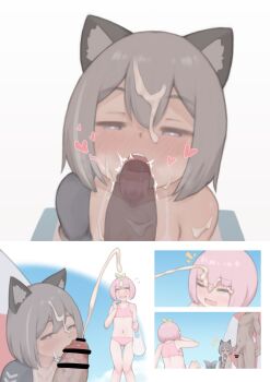 1boy 2girls absurdres animal_ears assisted_facial beach bikini bright_pupils completely_nude cum cum_on_body cum_on_hair ejaculation facial falling flaccid glansjob hair_ornament half-closed_eyes heart heart-shaped_pupils highres jaana_kettu laughing leaf_hair_ornament licking loli mechanical_arms multiple_girls nude open_mouth orgasm original outdoors peachy_(peachyp) peachyp pink_bikini pink_hair short_hair single_mechanical_arm swimsuit symbol-shaped_pupils teeth twitching_penis upper_teeth_only white_pupils wolf_ears