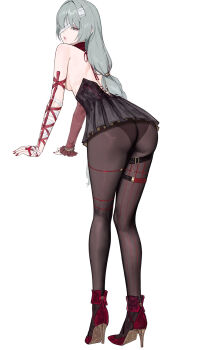 1girl ass bandage_over_one_eye bandaged_arm bandages bare_shoulders black_dress black_pantyhose braid breasts commentary dress fingernails from_behind grey_eyes grey_hair halterneck high_heels highres long_hair looking_at_viewer looking_back medium_breasts nail_polish panties panties_under_pantyhose pantyhose parted_lips phrolova_(wuthering_waves) red_nails sawaki_ken solo thighs twin_braids underwear wuthering_waves