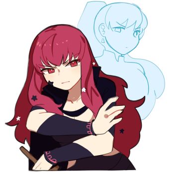 1girl bodysuit chocojax choker facial_mark fire_emblem fire_emblem_engage hair_ornament highres long_hair looking_at_viewer lyn_(emblem)_(fire_emblem) lyn_(fire_emblem) nintendo pink_choker purple_bodysuit red_eyes red_hair star_(symbol) star_facial_mark star_hair_ornament yunaka_(fire_emblem)