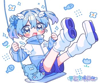 1girl :d blue_flower blue_hair blue_jacket blue_shorts blue_tulip blush_stickers commentary_request double-parted_bangs fish flower full_body hair_between_eyes hair_ornament highres jacket legs_up long_sleeves looking_at_viewer on_swing open_mouth original shoe_soles shoes short_hair shorts simple_background sitting smile socks solo stuffed_animal stuffed_toy swing swinging_on_swing teddy_bear track_jacket tulip two_side_up white_background white_shoes white_socks wing_hair_ornament yuusuke-kun