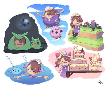 1girl :o =_= alcremie alcremie_(strawberry_sweet) alcremie_(vanilla_cream) aquabluu blue_sky blush blush_stickers brown_hair cake closed_eyes closed_mouth cloud commentary day ditto drooling english_commentary female_protagonist_(pokemon_pokopia) flower flying food gen_1_pokemon gen_2_pokemon gen_3_pokemon gen_5_pokemon gen_8_pokemon hat indoors jigglypuff mouth_drool multiple_views night night_sky nintendo nostrils on_table open_mouth outdoors outstretched_arms pokemon pokemon_(creature) pokemon_focus pokemon_pokopia purple_shirt red_eyes shirt sky sleeping smile spoink spread_arms star_(sky) swadloon swimming table transformation transformed_ditto twintails water white_hat window wooper