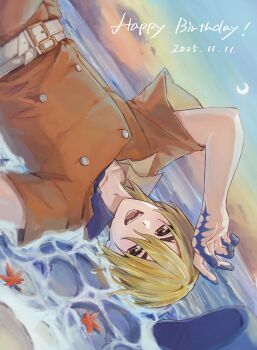 1boy absurdres anko_za belt blonde_hair brown_eyes buttons collared_shirt crescent_moon dated dr._stone hair_between_eyes happy_birthday hashtag-only_commentary hat highres leaf looking_at_viewer lying male_focus moon nanami_ryuusui ocean on_back open_mouth shirt short_hair short_sleeves smile solo tattoo teeth unworn_hat unworn_headwear upside-down water white_belt