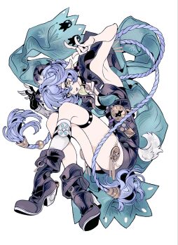 1girl accessories armpits bell black_horns black_unitard blue_hair boots bra braid braided_twintails breasts brown_boots choker crossed_legs from_side gloves goat goat_girl goat_horns goat_tail green_bra hair_bell hair_between_eyes hair_ornament highres horizontal_pupils horns key key_choker long_hair looking_at_viewer lucia_elowen medallion open_mouth pointy_ears single_bare_shoulder single_glove single_sleeve solo tail thigh_strap underwear white_background white_tail xjgfhvg yellow_eyes zenless_zone_zero