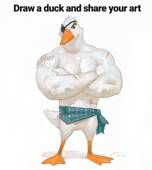 1boy bara bird_boy chest_hair clothes_around_waist crossed_arms draw_a_duck_and_share_your_art_(meme) duck_boy eyepatch frown full_body furry furry_male highres looking_to_the_side male_focus meme muscular muscular_male original pectorals short_hair shoulder_tattoo solo taran_fiddler tattoo thick_eyebrows topless_male white_background