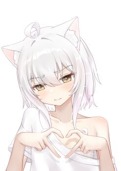 1girl absurdres animal_ear_fluff animal_ears cat_ears cat_girl commentary_request embarrassed four-finger_heart_hands furrowed_brow heart heart_hands highres light_blush off_shoulder original sarashi shirt short_hair short_sleeves simple_background single_bare_shoulder upper_body white_background white_hair white_shirt yellow_eyes zhai_mi_xing_hui
