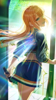blonde_hair campus_mode!!_(idolmaster) cursive gakuen_idolmaster game_cg green_eyes holding holding_microphone idol_clothes idolmaster looking_back microphone mulitcoloured_hair official_art orange_hair shiun_sumika skirt smile