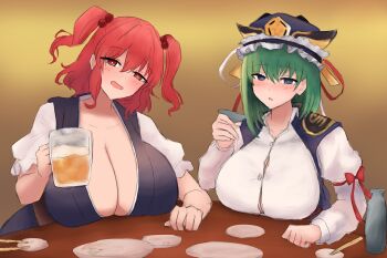 2girls alternate_breast_size_(larger) asymmetrical_hair beer_mug black_hat blue_eyes blush breasts button_gap cleavage commentary_request cup drunk epaulettes green_hair hair_tubes hat highres holding holding_cup huge_breasts juliet_sleeves large_breasts long_sleeves looking_at_viewer moriforest1040 mug multiple_girls one_side_up onozuka_komachi open_mouth plate puffy_sleeves red_eyes red_hair shiki_eiki touhou yellow_background