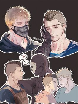 ... 2boys artist_name black_gloves black_hair black_shirt blonde_hair bulletproof_vest call_of_duty call_of_duty:_modern_warfare_2 closed_eyes closed_mouth couple facial_hair ghost_(modern_warfare_2) gloves hand_on_another&#039;s_face heart male_focus mask mouth_mask multiple_boys multiple_views shirt short_hair smile soap_(modern_warfare_2) tintoxtinto yaoi