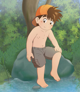 1boy aki5 barefoot brown_eyes brown_hair brown_shorts bush cap hat highres male_focus monster_farm navel nipples orange_hat pond rock sakura_genki shorts shota solo tree