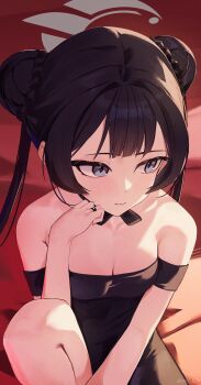 1girl absurdres averting_eyes bare_shoulders black_choker black_dress black_hair blue_archive blush braid braided_bun breasts choker closed_mouth collarbone commentary dress english_commentary grey_eyes grey_halo hair_bun halo hand_on_own_chin hand_rest highres kisaki_(blue_archive) knee_up red_background small_breasts solo strapless strapless_dress upper_body zennyxd