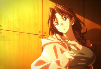 1girl braid braided_ponytail breasts brown_eyes brown_hair cleavage closed_mouth fatal_fury fatal_fury:_city_of_the_wolves female_focus hair_ribbon highres jacket large_breasts matching_hair/eyes oobari_masami open_clothes open_jacket pink_jacket ponytail ribbon ryuuko_no_ken smile snk solo stitched tank_top the_king_of_fighters third-party_edit yuri_sakazaki