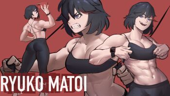 abs angry ass back black_hair blue_eyes breasts character_name english_text exercising highres large_breasts matoi_ryuuko multicolored_hair multiple_persona muscular muscular_female pants red_background red_hair selfie simple_background smile sports_bra teeth watch yoga_pants zukululuu