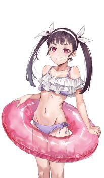 1girl absurdres bikini black_hair collarbone feet_out_of_frame firstdayiyui frilled_bikini frills hachikuji_mayoi hair_ribbon hairband highres hip_bones innertube light_blush loli long_hair looking_at_viewer monogatari_(series) navel off_shoulder purple_bikini purple_eyes ribbon ribs side-tie_bikini_bottom simple_background smile solo swim_ring swimsuit twintails white_background white_hairband white_ribbon