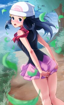 1girl black_hair blue_sky blush cloud commentary_request dawn_(pokemon) dutch_angle from_behind grass grey_eyes hands_on_own_ass hat highres kneepits leaf legs long_hair looking_back miniskirt mountainous_horizon nintendo pokemon pokemon_dppt red_scarf scarf shirt skirt skirt_tug sky sleeveless sleeveless_shirt solo thighs toiro_gawon tree white_hat wind wind_lift