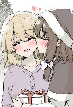 2girls :d absurdres alternate_costume black_hat black_shawl blonde_hair blush bow brown_hair buttons christmas christmas_tree closed_eyes collarbone commentary english_commentary gift hair_bow hat heart highres holding holding_gift kiss kissing_cheek kyuort long_sleeves maribel_hearn medium_hair multiple_girls open_mouth purple_shirt santa_hat shawl shirt short_hair sleeve_cuffs smile touhou usami_renko white_background white_shirt yuri
