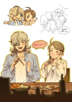 1girl arven_(pokemon) blush_stickers braid brown_eyes brown_hair ch_walnut chopsticks eating green_eyes hair_over_one_eye highres izakaya juliana_(pokemon) korean_text light_brown_hair long_hair mixed-language_text multicolored_hair multilingual_text nintendo open_mouth pokemon pokemon_sv restaurant shirt short_hair side_braid single_braid sitting smile speech_bubble two-tone_hair