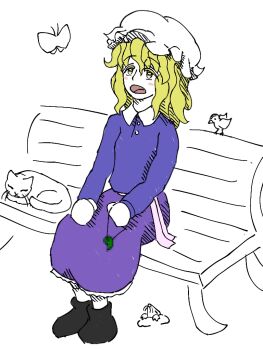 1girl animal bird black_shoes blue_shirt bug butterfly buttons cat censored collared_shirt contrast_collar frilled_skirt frills insect kannsoupannpa long_sleeves maribel_hearn medium_hair mole_(animal) on_bench open_mouth purple_skirt sash shirt shoes skirt socks solo touhou white_sash white_socks