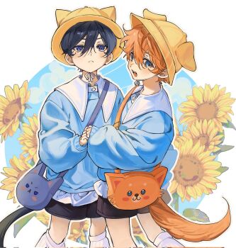 Rule 34 | 2boys, aged down, akehoshi subaru, alternate costume, animal bag, animal hat, black hair, black shorts, blue eyes, blue shirt, cat bag, cat hat, cat tail, chundogs 77, closed mouth, commentary request, dog hat, dog tail, ensemble stars!, flower, hair between eyes, hat, hidaka hokuto, highres, holding hands, korean commentary, long sleeves, looking at viewer, male focus, mixed-language commentary, multiple boys, open mouth, orange hair, school hat, shirt, short hair, shorts, sunflower, tail, yellow flower, yellow hat