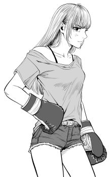 Rule 34 | 1girl, belt, boxing gloves, bra strap, breasts, commentary request, cowboy shot, denim, denim shorts, greyscale, hair behind ear, hand on own hip, highres, lee (dragon garou), light blush, light smile, long hair, looking at viewer, monochrome, off shoulder, original, profile, shirt, short shorts, shorts, small breasts, solo, t-shirt