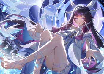 Rule 34 | 1girl, absurdres, bare shoulders, barefoot, bird, colored inner hair, columbina (genshin impact), commentary request, dress, foot out of frame, genshin impact, gradient hair, hair ornament, highres, invisible chair, knees up, long hair, looking at viewer, luonnotar (genshin impact), maaashuro, multicolored hair, open mouth, purple eyes, purple hair, sitting, smile, solo, toes, unusually open eyes, very long hair, white bird, white dress, wing hair ornament