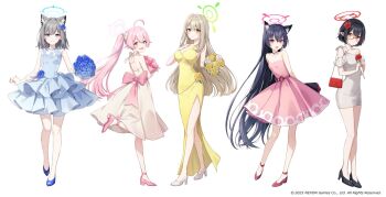 Rule 34 | 5girls, ahoge, animal ear fluff, animal ears, arms behind back, ayane (blue archive), bare shoulders, black hair, blue archive, blue dress, blue flower, blue rose, blue shoes, bouquet, bow, brown hair, closed mouth, dress, dress flower, flower, foreclosure task force (blue archive), glasses, halo, heterochromia, high heels, highres, holding, holding bouquet, hoshino (blue archive), long hair, looking at viewer, multiple girls, nonomi (blue archive), official alternate costume, official art, open mouth, pink bow, pink flower, pink hair, pink rose, pink shoes, ponytail, red eyes, red shoes, rose, serika (blue archive), shiroko (blue archive), shoes, short hair, simple background, smile, standing, tomari (veryberry00), white background, white dress, white flower, white rose, white shoes, wolf ears, wolf girl, yellow dress, yellow flower, yellow rose