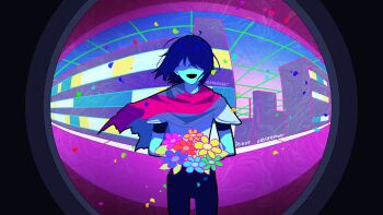 1other :d absurdres antenna_hair armor artist_name black_bodysuit black_mouth blue_flower blue_hair blue_petals blue_skin blue_sky bob_cut bodysuit bouquet building chromatic_aberration colored_skin commentary_request cowboy_shot cyber_world_(deltarune) deltarune facing_viewer flower gradient_sky green_flower green_petals grey_armor hair_behind_ear halftone halftone_background highres holding holding_bouquet kris_(dark_world)_(deltarune) kris_(deltarune) maika_(maikaoekaki) monitoring_(vocaloid) no_eyes open_mouth orange_flower orange_petals other_focus outdoors pink_flower pink_petals pink_scarf pink_sky pov_peephole purple_scarf railing red_flower red_petals scarf shaded_face short_hair short_sleeves shoulder_armor sky smile solo standing straight-on striped_clothes striped_scarf swept_bangs two-tone_scarf utdr_(toby_fox) watermark wind yellow_flower yellow_petals