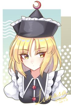 Rule 34 | 1girl, absurdres, black hat, black vest, blonde hair, blue background, bob cut, breasts, brown background, buttons, character name, closed mouth, commentary, crescent, expressionless, frilled hat, frilled shirt collar, frills, hat, highres, kiri (maoxianjiu), light blush, lunasa prismriver, medium breasts, parted bangs, polka dot, polka dot background, puffy sleeves, small breasts, solo, touhou, twitter username, upper body, vest, white trim, yellow eyes