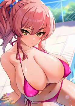 absurdres arm_support bare_arms bikini blue_sky breasts chain-link_fence cleavage closed_mouth collarbone commentary_request covered_erect_nipples day fence hair_between_eyes hair_ornament hair_scrunchie highres huge_breasts idolmaster idolmaster_cinderella_girls idolmaster_cinderella_girls_starlight_stage jougasaki_mika medium_hair navel outdoors pink_bikini pool poolside red_hair satoyama_meu scowl scrunchie sitting skindentation sky swimsuit thighs v-shaped_eyebrows yellow_eyes