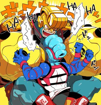 Rule 34 | 2boys, arms (game), blue hair, commentary request, eye mask, hand on another's head, laughing, male focus, mask, max brass, megawatt (arms), multiple boys, open mouth, simple background, spring man, struggling, suno (imydream), teeth, wrestling, yellow background