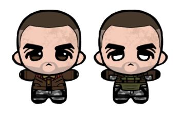 Rule 34 | 1boy, :<, brown eyes, brown jacket, bulletproof vest, buzz cut, camouflage, chibi, chibi only, chibigurumi, chinese commentary, closed mouth, commentary request, fukurau, full body, jacket, male focus, short hair, simple background, snow camouflage, solo, stalker (game), stalker 2: heart of chornobyl, strider (stalker), t-pose, very short hair, white background, white eyes