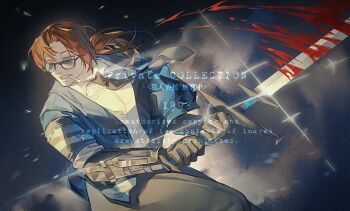 1boy alternate_costume beard_stubble black_gloves black_necktie blood blood_splatter blue_jacket brown_hair cigarette clenched_teeth collared_shirt curtained_hair e.g.o_(project_moon) facial_hair glint gloves gregor_(project_moon) grin highres holding holding_sword holding_weapon imminent_attack jacket jing84672940 knee_up light_particles limbus_company low_ponytail male_focus necktie ponytail project_moon prosthesis prosthetic_arm shirt smile solo stubble sword teeth the_sword_sharpened_with_tears_(e.g.o) weapon white_shirt yellow_eyes