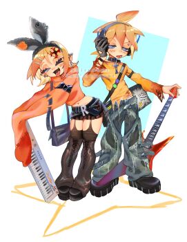 >_o 1boy 1girl ahoge armlet badge bag belt black_belt black_bow black_choker black_leg_warmers black_shoes blonde_hair blue_eyes bow buckle button_badge choker cross cross_choker cross_hair_ornament denim ear_piercing earrings electric_guitar guitar hair_between_eyes hair_ornament hairclip half-closed_eyes handbag headphones highres holding holding_guitar holding_instrument hood hood_down hoodie initial instrument jeans jewelry kagamine_len kagamine_rin keytar lace-up_legwear leaning_on_object leather_belt leg_warmers midriff miniskirt multiple_earrings navel one_eye_closed orange_hoodie orange_theme pants parallel_hairclips patchwork_clothes piercing plaid_clothes plaid_skirt platform_shoes pleated_skirt shirt shirubani shoes skirt sleeves_past_fingers sleeves_past_wrists spiked_hair sticker swept_bangs thighhighs tongue tongue_out tongue_piercing torn_clothes torn_pants torn_shirt torn_sleeves vocaloid