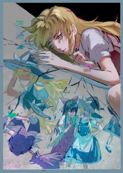 2girls absurdres aihara-rina apron black_hat black_shoes black_skirt black_vest blonde_hair bow braid broom broom_riding brown_hair chinese_commentary commentary commentary_request crack detached_sleeves english_commentary hair_bow hair_tubes hakurei_reimu hat hat_bow highres kirisame_marisa long_hair mary_janes mixed-language_commentary multiple_girls red_bow red_skirt shoes side_braid single_braid skirt skirt_set socks touhou vest waist_apron white_apron white_bow white_socks witch_hat yellow_eyes