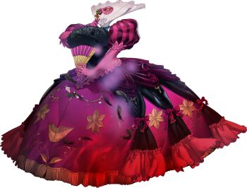 1girl artist_request black_feathers bow dress elbow_gloves eye_mask feathers full_body gloves hand_fan highres holding holding_fan holding_mask mask milady_(persona) official_art persona persona_(summon) persona_5 persona_5:_the_phantom_x pink_gloves red_bow simple_background solo third-party_source transparent_background yellow_eyes