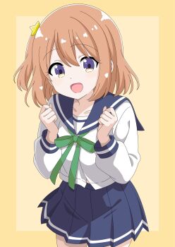 1girl blue_sailor_collar blue_skirt chikadaioshi collarbone dot_nose feet_out_of_frame female_focus hair_between_eyes hair_ornament highres koisuru_asteroid konohata_mira long_sleeves looking_at_viewer multicolored_eyes open_mouth orange_hair sailor_collar school_uniform serafuku shirt short_hair simple_background skirt solo standing star_(symbol) star_hair_ornament white_shirt