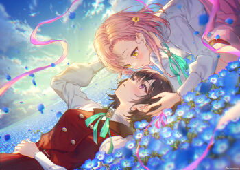 2girls absurdres aqua_ribbon belt blue_flower blush brown_hair cloud commentary_request crying earrings field flower flower_field hair_flower hair_ornament hand_in_another's_hair hand_on_own_stomach hatsukoi_returns! heart heart_earrings highres hinasa_hiyori horizon ichikawa_haru jewelry key_visual long_hair long_sleeves looking_at_another multiple_girls nemophila_(flower) official_art petals pink_hair pink_ribbon promotional_art protagonist_(hatsukoi_returns!) purple_eyes ribbon shirt short_hair sky sukerasono sunlight tears white_shirt yellow_eyes yellow_flower yuri