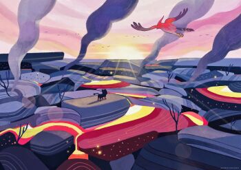 bare_tree bird cloud commentary day flying full_body gen_6_pokemon gen_7_pokemon highres landscape lauren_baldo lava lens_flare litten nintendo no_humans outdoors pokemon pokemon_(creature) procreate_(medium) scenery sky smoke sun talonflame tree twitter_username